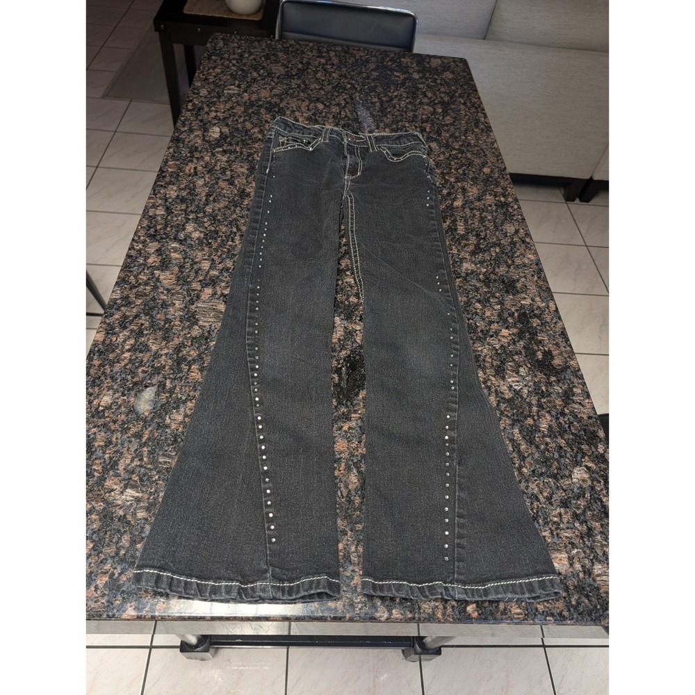 True Religion Joey Jeans Girls 14 Crystal Embellish Twisted Hi Rise Flare